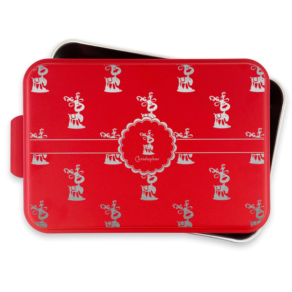 Reindeer Aluminum Baking Pan - Red Lid - FRONT w/lif off