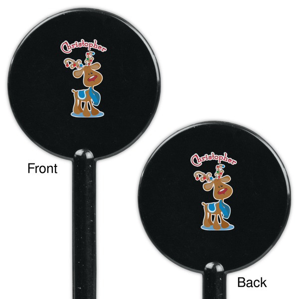Reindeer Black Plastic 5.5" Stir Stick - Double Sided - Round - Front & Back