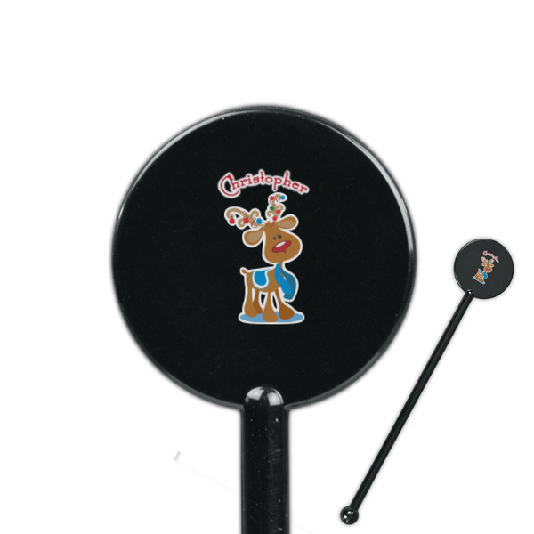 Custom Reindeer 5.5" Round Plastic Stir Sticks - Black - Single Sided (Personalized)