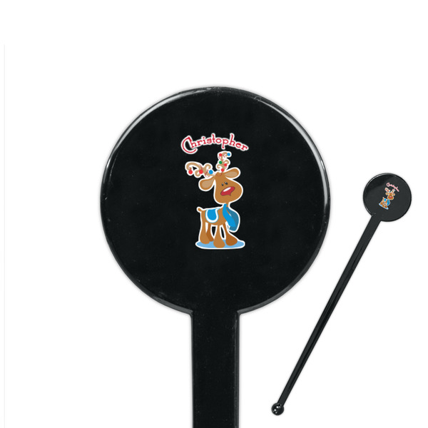 Custom Reindeer 7" Round Plastic Stir Sticks - Black - Single Sided (Personalized)