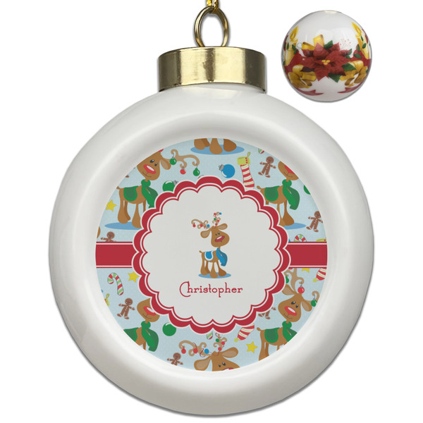 Custom Reindeer Ceramic Ball Ornaments - Poinsettia Garland (Personalized)
