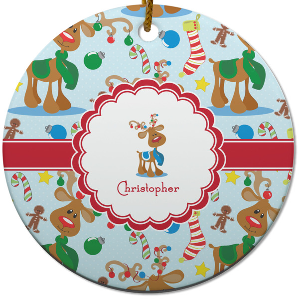 Custom Reindeer Round Ceramic Ornament w/ Name or Text