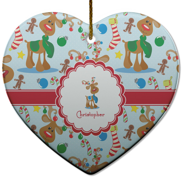 Custom Reindeer Heart Ceramic Ornament w/ Name or Text