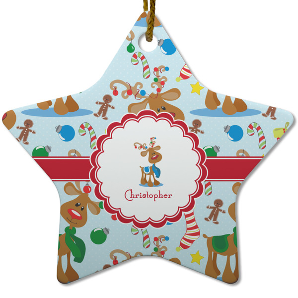 Custom Reindeer Star Ceramic Ornament w/ Name or Text