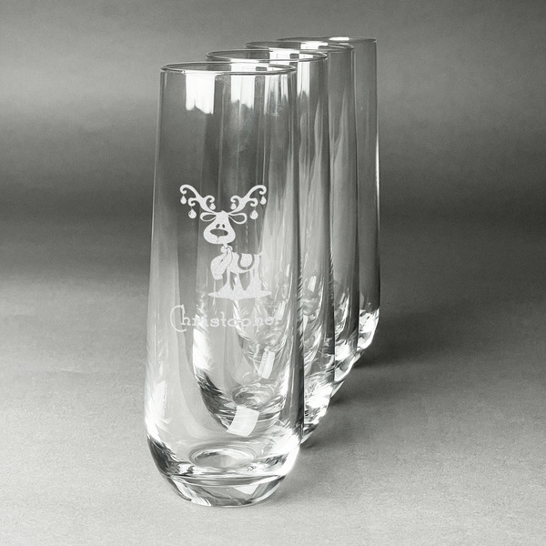 Custom Reindeer Champagne Flute - Stemless Engraved - Set of 4 (Personalized)