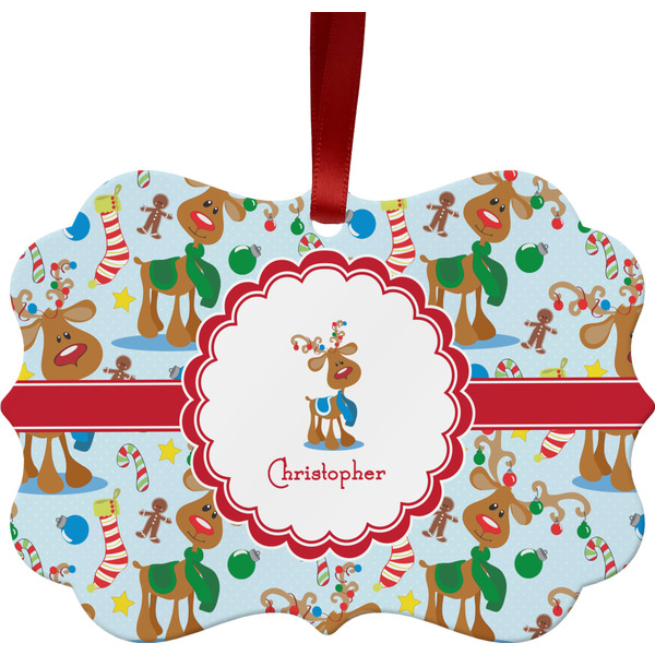 Custom Reindeer Metal Frame Ornament - Double Sided w/ Name or Text