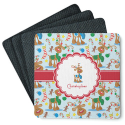 Reindeer Square Rubber Backed Coasters - Set of 4 (Personalized)