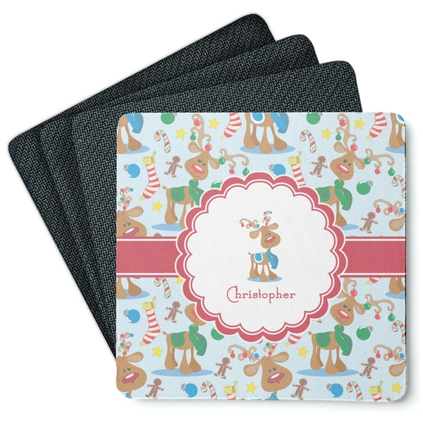 Custom Reindeer Square Rubber Backed Coasters - Set of 4 (Personalized)