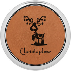 Reindeer Leatherette Round Coaster w/ Silver Edge (Personalized)