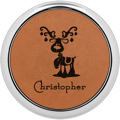 Reindeer Leatherette Round Coaster w/ Silver Edge - Single or Set (Personalized)