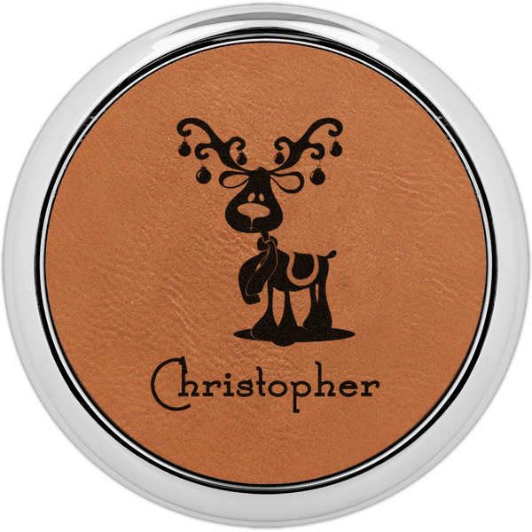 Custom Reindeer Set of 4 Leatherette Round Coasters w/ Silver Edge (Personalized)