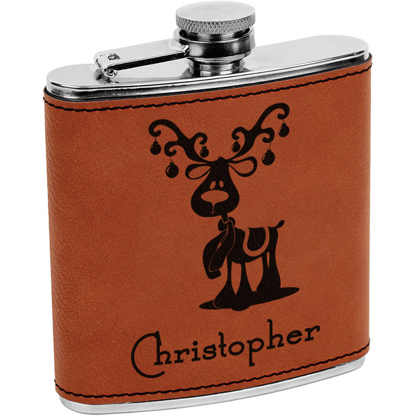 Custom Reindeer Leatherette Wrapped Stainless Steel Flask (Personalized)