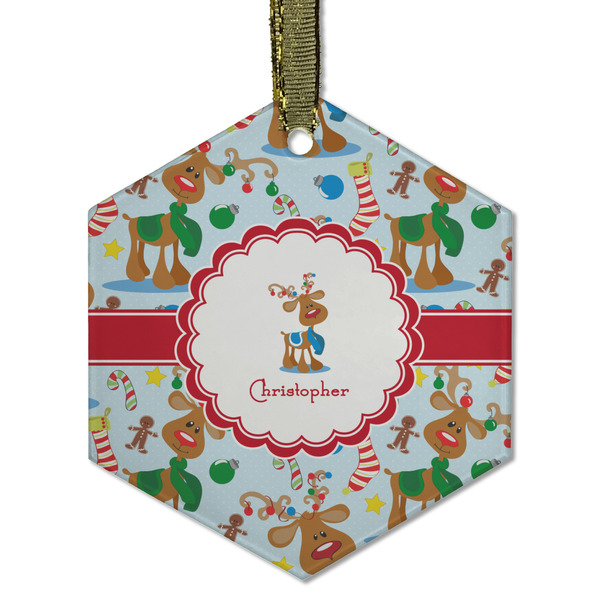 Custom Reindeer Flat Glass Ornament - Hexagon w/ Name or Text