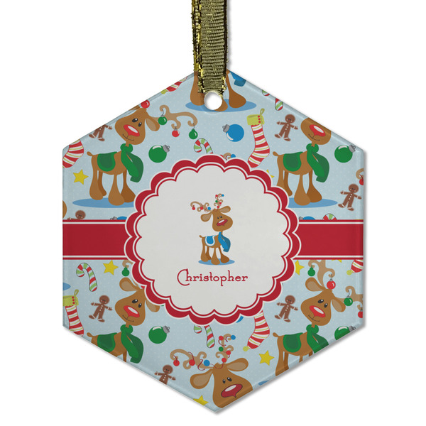 Reindeer Frosted Glass Ornament - Hexagon