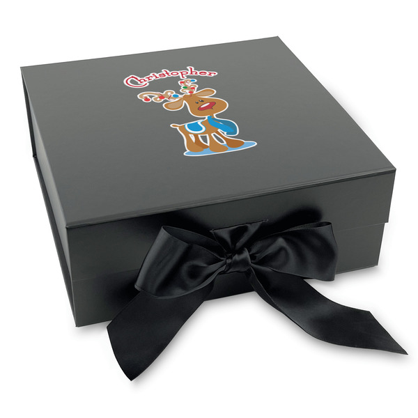 Custom Reindeer Gift Box with Magnetic Lid - Black (Personalized)