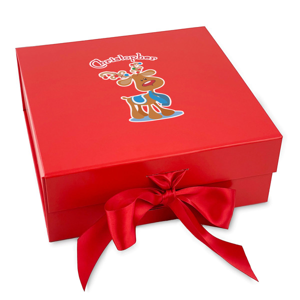 Custom Reindeer Gift Box with Magnetic Lid - Red (Personalized)