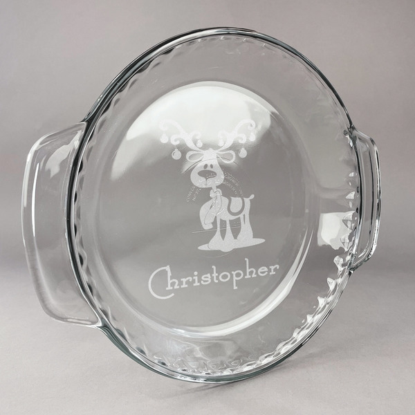 Custom Reindeer Glass Pie Dish - 9.5in Round (Personalized)