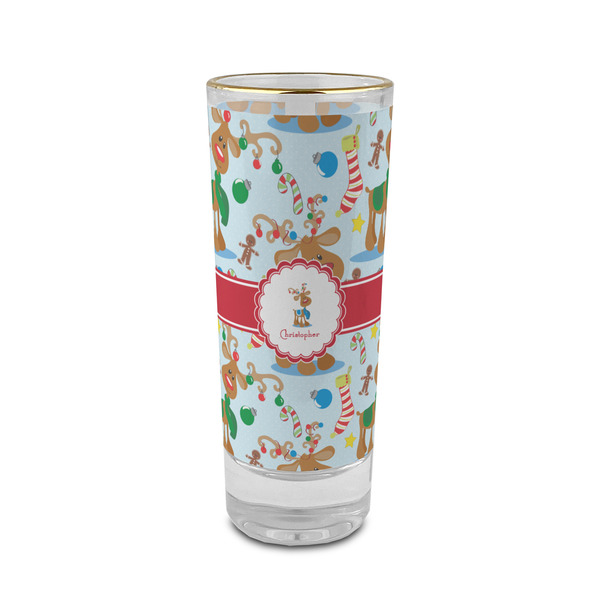 Custom Reindeer 2 oz Shot Glass -  Glass with Gold Rim - Single (Personalized)