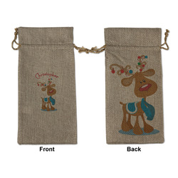 Reindeer Large Burlap Gift Bag - Front & Back (Personalized)