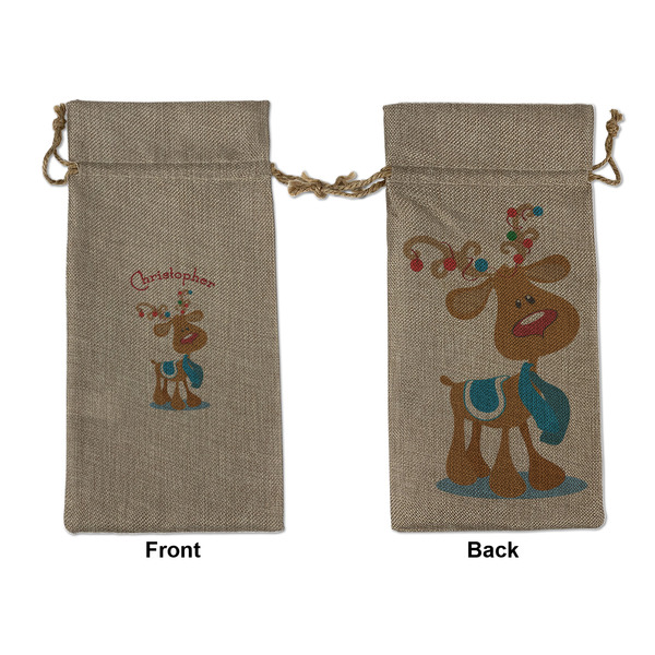 Custom Reindeer Large Burlap Gift Bag - Front & Back (Personalized)