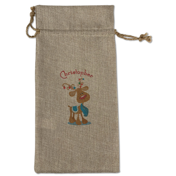 Custom Reindeer Large Burlap Gift Bag - Front (Personalized)