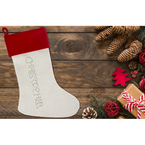 Reindeer Linen Stocking w/Red Cuff - Flat Lay (LIFESTYLE)
