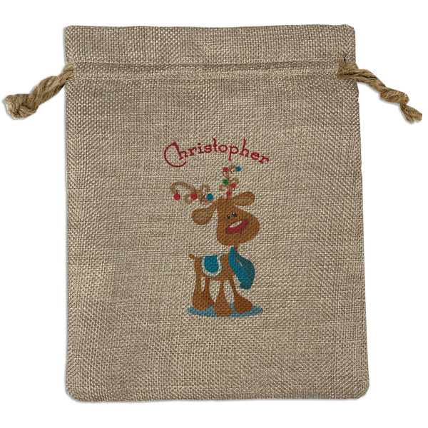 Custom Reindeer Medium Burlap Gift Bag - Front (Personalized)