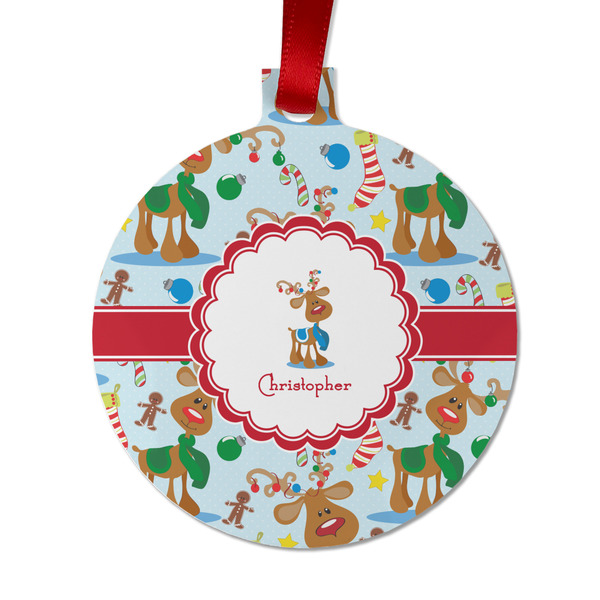 Custom Reindeer Metal Ball Ornament - Double Sided w/ Name or Text