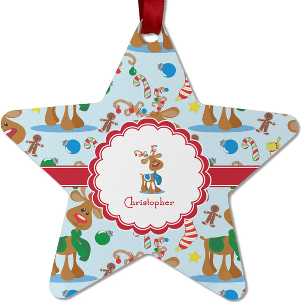 Custom Reindeer Metal Star Ornament - Double Sided w/ Name or Text