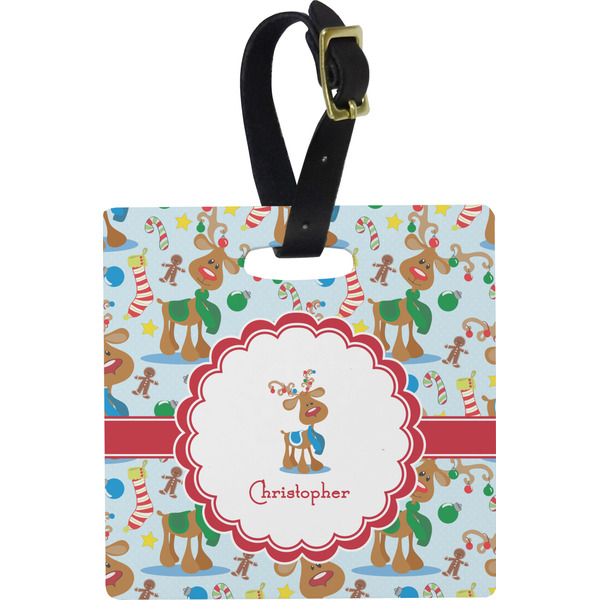 Custom Reindeer Plastic Luggage Tag - Square w/ Name or Text