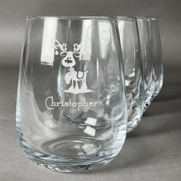 Custom Reindeer Stemless Wine Glasses (Set of 4) (Personalized)