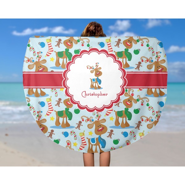 Reindeer Round Beach Towel - In Use