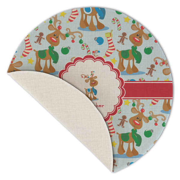Reindeer Round Linen Placemats - Front (folded corner single sided)