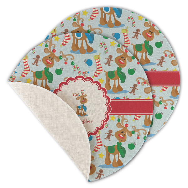 Custom Reindeer Round Linen Placemat - Single Sided - Set of 4 (Personalized)
