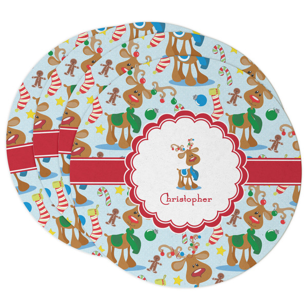 Custom Reindeer Round Paper Coasters w/ Name or Text