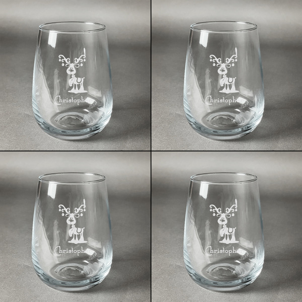 Reindeer Set of Four Personalized Stemless Wineglasses (Approval)