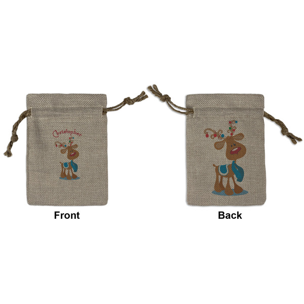 Custom Reindeer Small Burlap Gift Bag - Front & Back (Personalized)