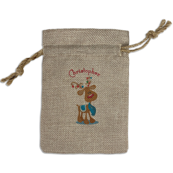 Custom Reindeer Small Burlap Gift Bag - Front (Personalized)