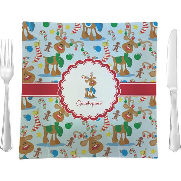 Custom Reindeer 9.5" Glass Square Lunch / Dinner Plate- Single or Set of 4 (Personalized)