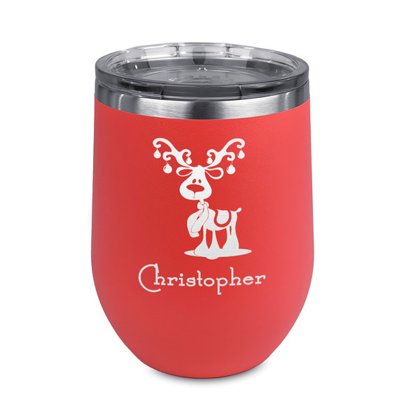 Custom Reindeer Stemless Stainless Steel Wine Tumbler - Coral - Double Sided (Personalized)