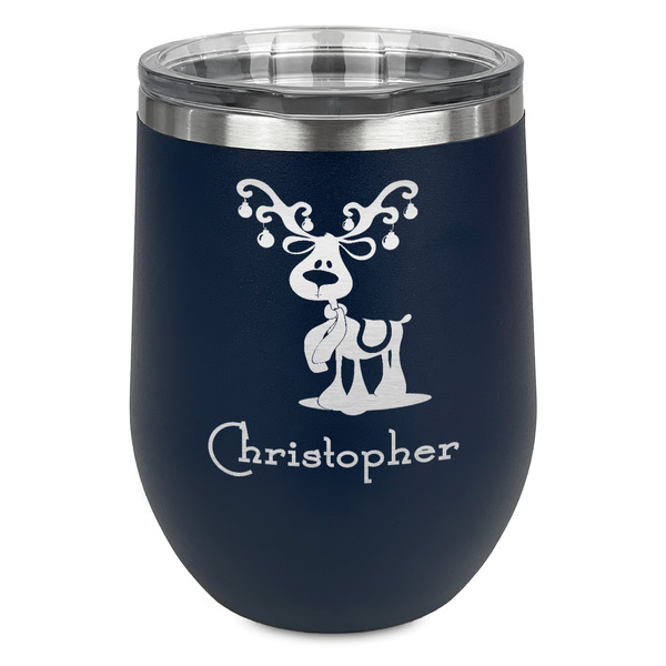 Custom Reindeer Stemless Stainless Steel Wine Tumbler - Navy - Single Sided (Personalized)