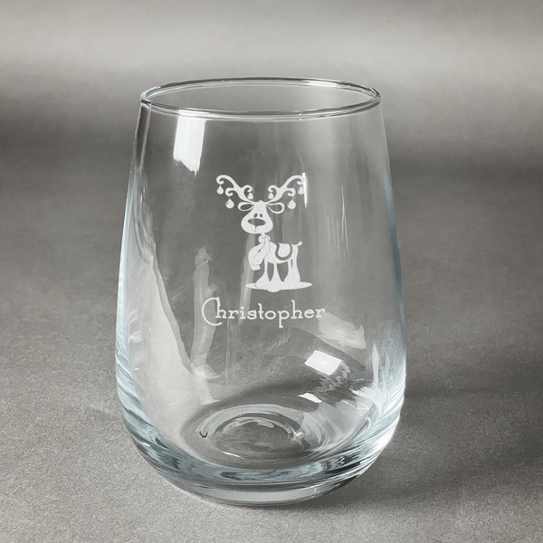 Custom Reindeer Stemless Wine Glass (Single) (Personalized)