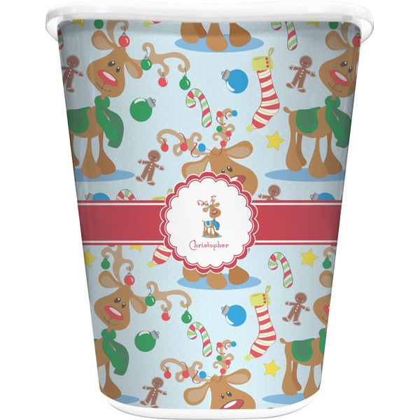 Custom Reindeer Waste Basket - Double Sided (White) (Personalized)