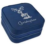 Reindeer Travel Jewelry Box - Navy Blue Leather (Personalized)