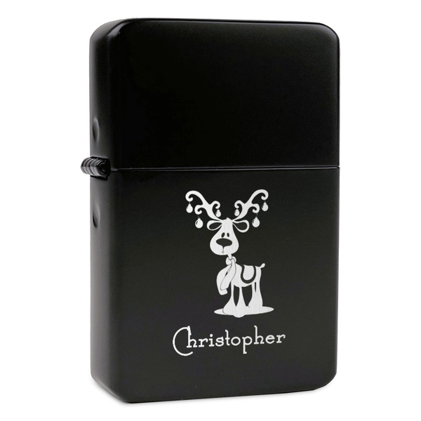Custom Reindeer Windproof Lighter - Black - Single Sided & Lid Engraved (Personalized)