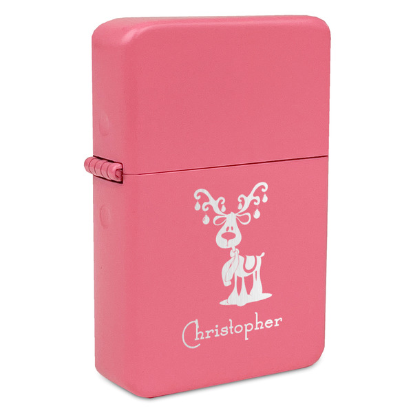 Custom Reindeer Windproof Lighter - Pink - Single Sided & Lid Engraved (Personalized)