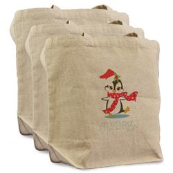 Christmas Penguins Reusable Cotton Grocery Bags - Set of 3 (Personalized)