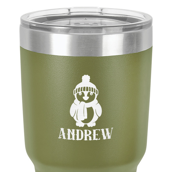Christmas Penguins 30 oz Stainless Steel Ringneck Tumbler - Olive - Close Up