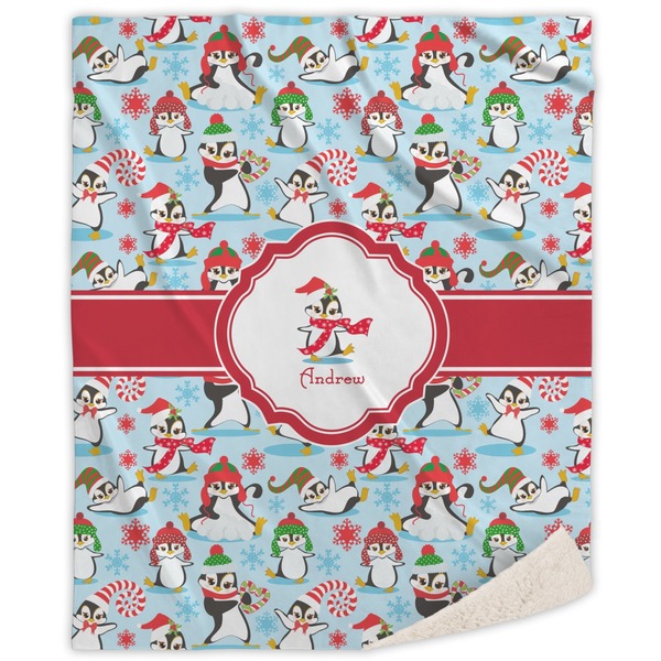 Custom Christmas Penguins Sherpa Throw Blanket - 50"x60" (Personalized)