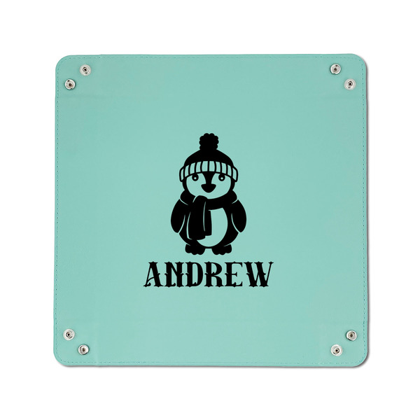 Christmas Penguins 6" x 6" Teal Leatherette Snap Up Tray - APPROVAL